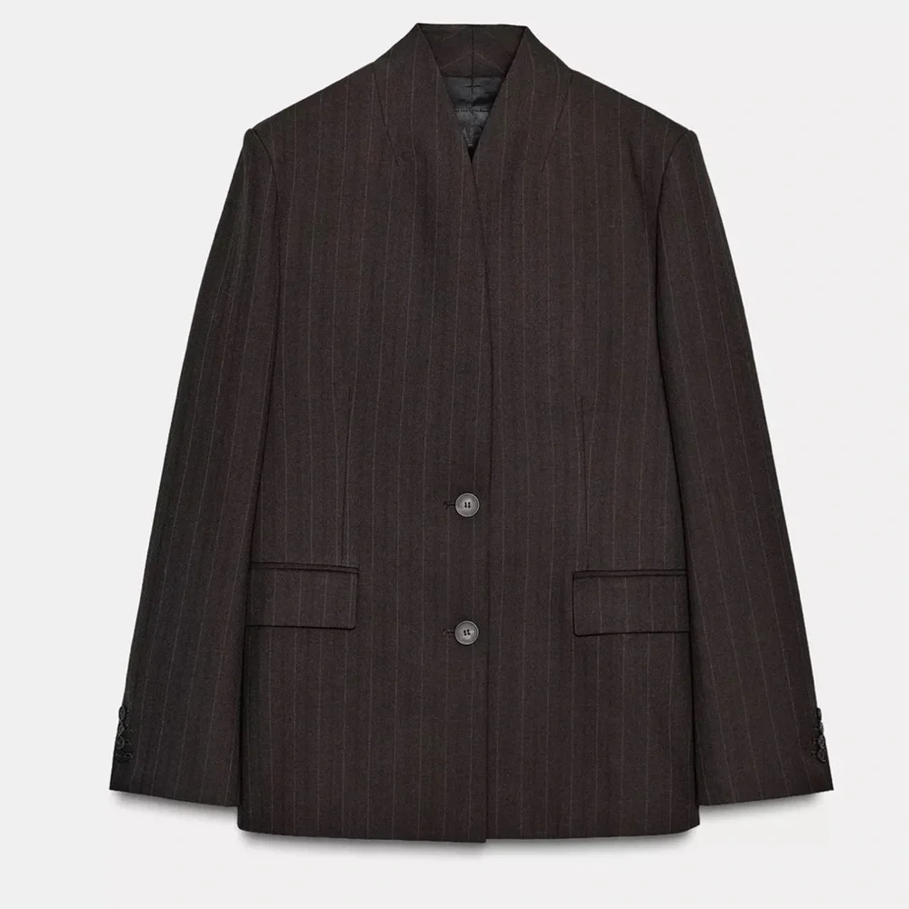 ZARA ZW Collection Limited Edition Pinstripe Blazer with Scarf Brown Women M NWT